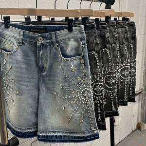 Shorts en denim tissé à taille haute pour homme, style streetwear, coupe droite, effet vieilli, broderie vintage, qualité supérieure, 2025 - Product Image 1