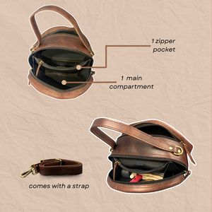 Petit sac à bandoulière rond en cuir véritable pour femmes Sacoche marron à deux poignées avec fermeture à glissière Sac à main élégant à bandoulière - Product Image 4