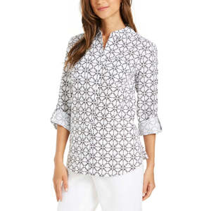 Camicia da Donna Charter Club XL con Maniche Stampate, Tessuto Popeline Bianco, Stile Casual e Formale, Motivo Geometrico, Colletto Alto in Pizzo - Product Image 1