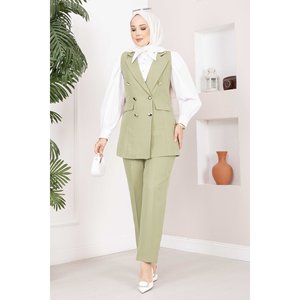 Conjunto de chaleco hijab estilo oficinista con detalle de cuello tipo pañuelo, verde oliva - Product Image 1