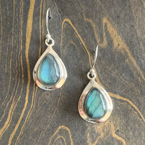 ต่างหูห้อยทรงหยดน้ำประดับลาบราโดไรต์ชุบทอง 18K น่ารัก (5.4 กรัม) ดีไซน์แบบโคมระย้า ลายดอกไม้ประดับมุกและโกเมน - Product Image 1