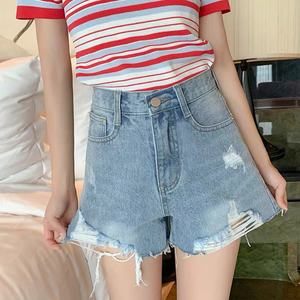 Pantalones cortos vaqueros informales de verano para mujer, pantalones vaqueros desgastados con dobladillo enrollado de cintura alta, pantalones cortos vaqueros rasgados - Product Image 1