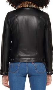 Womens <b>Faux</b> Leather Trucker Jacket <b>with</b> Leopard Print <b>Faux</b> <b>Fur</b> Collar Slim Fit Button-Up Winter Fashion <b>Coat</b> - Product Image 3