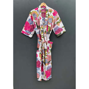 Robe kimono en coton biologique bohème à imprimé floral, peignoir tissé - Product Image 3