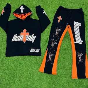 Men's Distressed Embroidery Sweat Suit <b>Zip</b> up Hoodie With Sweat Pant 100% Cotton 400gsm Best Selling Products - Product Image 3