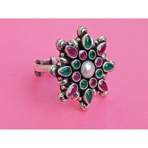 แหวนเงินสเตอร์ลิง925แหวนพลอยธรรมชาติทำด้วยมือไข่มุกน้ำจืดทับทิมมรกตธรรมชาติของขวัญที่สมบูรณ์แบบสำหรับ Her-R0258-GS - Product Image 2