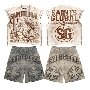 Camiseta de verano de dos piezas de punto transpirable con estampado DTG con logotipo personalizado, conjunto de chaleco informal de talla grande con tejido de rizo estilo Hip Hop - Product Image 1