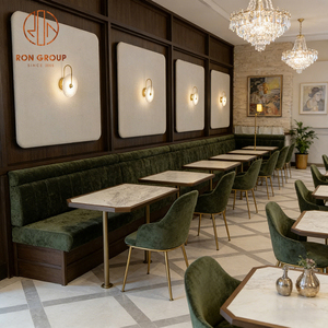 Sofá Moderno de Lujo Verde con Tapicería de Terciopelo Acanalado Vertical, Patas de Metal Dorado, Mesa de Mármol y Juego de Sillas para Hotel, Cafetería, Restaurante - Product Image 3