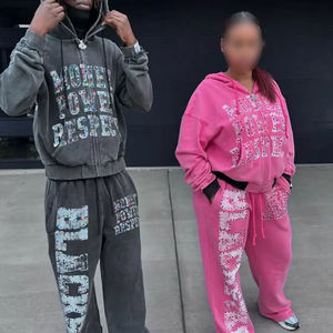 Ensemble de pantalons de survêtement à capuche surdimensionnés en éponge française personnalisée 100% coton avec strass Survêtement Boxy zippé pour hommes - Product Image 1