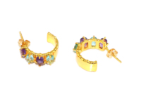 Boucles d'oreilles créoles plaquées or 24 carats avec pierres précieuses en améthyste, topaze bleue et quartz, forme rectangulaire, style féminin, vente en gros de bijoux en vrac