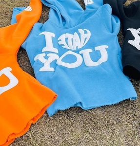 Custom Drop Shoulder Puff Print Hombres Sudaderas con capucha de gran tamaño recortada Raw Hem Street Wear 3D Puff Print Sudadera con capucha para hombres y mujeres - Product Image 6