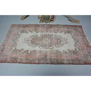 Tapis turc vintage beige-rose 4,1x6.9ft tissage plat en laine avec motif patchwork pour les décorations de salon ou le couloir - Product Image 3