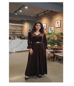 Robe élégante pour femmes en velours tissé uni avec ceinture assortie, manches longues, tenue de soirée, silhouette éco-responsable en forme de A - Product Image 6