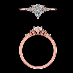 Élégante bague de fiançailles en or rose 14k 18k avec diamant poire de 1,17 carat et accents en grappe, bijoux de mariage en forme de goutte d'eau éclatante - Product Image 3