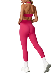 ชุดออกกำลังกายพิมพ์ลายโลโก้คุณภาพสูง ชุดบราและเลกกิ้งผ้าสแปนเด็กซ์ เอวยางยืด ปิดด้านหน้า ลายเรียบ - Product Image 2