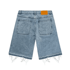 Shorts Vaqueros Desgastados con Apliques Bordados, Lavado Azul, Logotipo Personalizado, Doble Rodillera, Estilo Cargo, Streetwear, Skateboard - Product Image 5