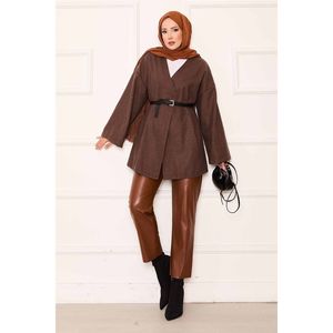 Elegante Abrigo de Cachemira Color Café para Mujer, Estilo Blazer de Lujo, con Cuello de Piel, Gabardina Larga de Tela Tejida, Talla XL, Estampado - Product Image 5