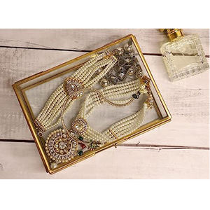 Affichage cosmétique élégant de maquillage de miroir d'or bijoux nouvellement conçus boîte de verre de bordure en métal plateau de table de salle à manger décorative pour la maison - Product Image 2