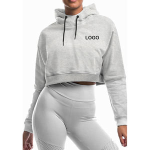 Top corto de manga larga cómodo con estampado de logotipo personalizado para mujer, sudaderas con capucha cortas para correr de algodón para gimnasio y Mujer - Product Image 4