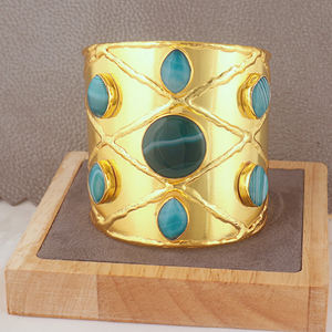 Designer <b>fashion</b> accessories natural botswana agate open <b>cuff</b> <b>bracelet</b> solid brass 18k gold plated handmade jewelry <b>bracelet</b> - Product Image 3