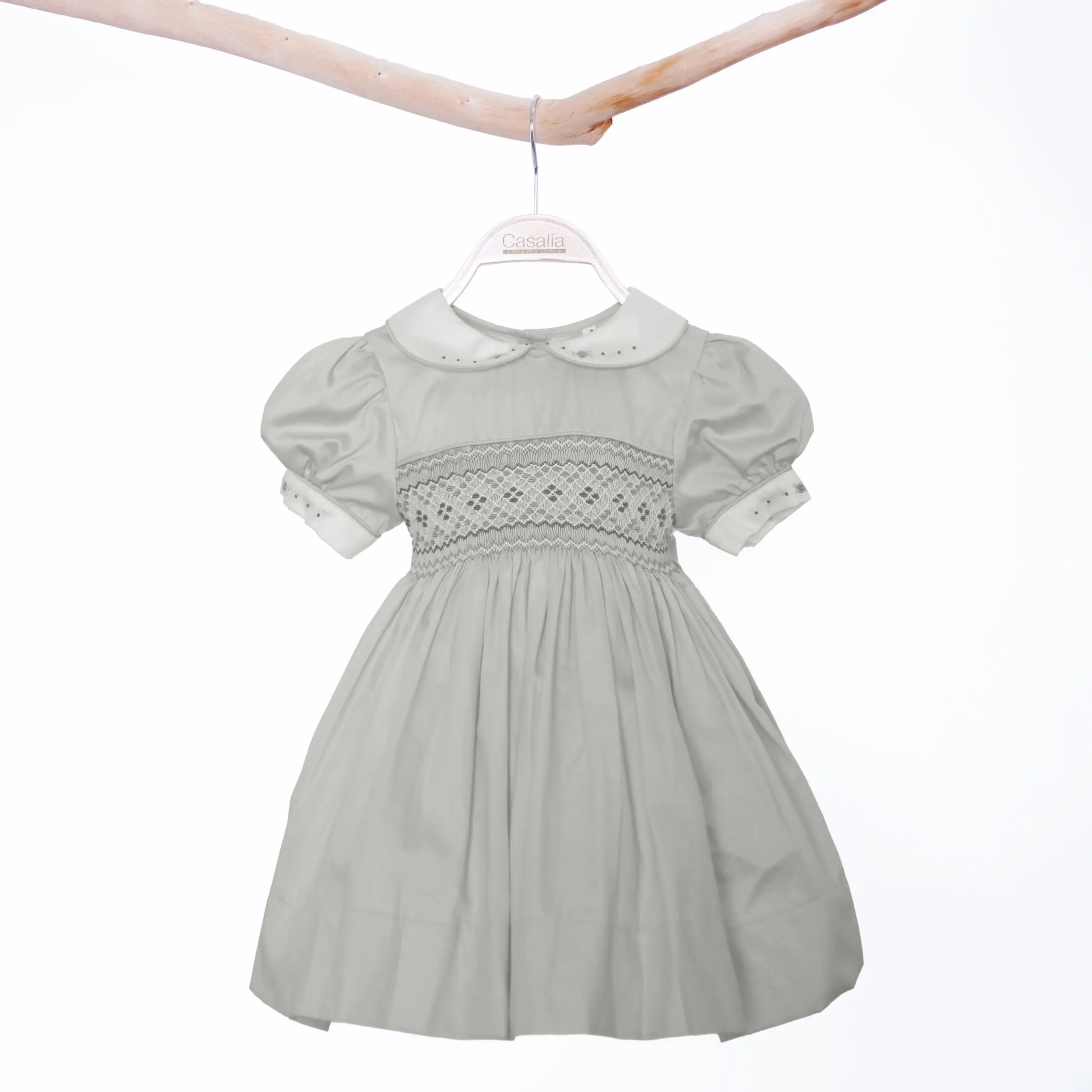 Vestido cinza Smocked Girls Dress Alta qualidade durável uso múltiplo meninas simples elegante impresso algodão bordado OEM estilo