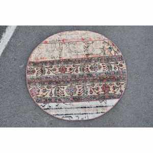 พรมสีเบจสไตล์ตุรกีโบราณขนสัตว์แฮนด์เมดขนาด3.1x3.1ฟุตมีแผ่นรองทำจากยางลายเย็บปะสี่เหลี่ยมผืนผ้าสำหรับข้างเตียง - Product Image 3