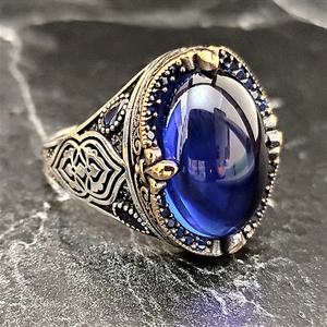 Anillo de Plata de Ley 925 de Estilo Vintage para Hombre con Gema de Zafiro Azul Oscuro, Anillo Hecho a Mano de Estilo Étnico - Product Image 1