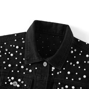 Chaqueta vaquera de perlas para mujer de alta calidad, abrigo vaquero recortado con diamantes de imitación, prendas de vestir de algodón de Color sólido para primavera y otoño, Chaquetas vaqueras - Product Image 4