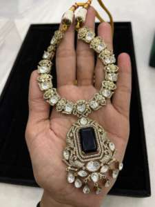 Premium High Gold Plated Luxury Kundan Polki <b>Necklace</b> Long Earring Set <b>Vintage</b> Style Large Emerald Centerpiece Brass Zircon - Product Image 3