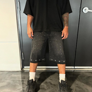 Pantalones cortos vaqueros de mezclilla para hombre, 100% algodón, doble rodilla, desgastados, Vintage, lavado ácido, holgados, con diamantes de imitación, personalizados por el fabricante - Product Image 4