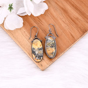 ต่างหูทองเหลืองสีดำ ruthenium แฮนด์เมด Bumble Bee Jasper ยาวรูปไข่อัญมณีห้อยต่างหูวันเกิดเครื่องประดับผู้หญิงทองเหลือง - Product Image 4