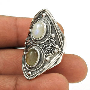 <b>Top</b> Selling Product in 2024 Natural Labradorite <b>Rainbow</b> Moonstone Artisan Look Ethnic Ring 925 Sterling Oxidized Silver Jewelry - Product Image 1