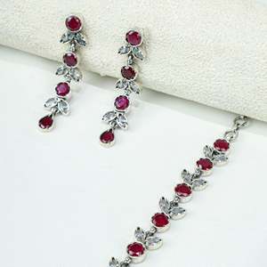 Ayushi 925 Silver <b>Necklace</b> Set & Earrings Semiprecious Delicate <b>Ruby</b> & Zircon Flower Petal for Weddings - Product Image 4