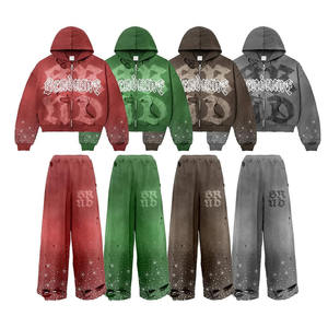 Wholesale Heavyweight <b>Distressed</b> Tracksuit Unisex Embroidery Patch Pullover Acid Washed Embroidery Oversize Men Suit - Product Image 5