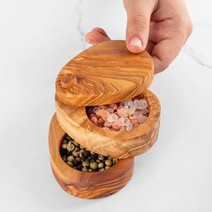 Double Stackable Olive Wood Salt Cellar Swivel Lid <b>Kitchen</b> Seasoning Container Gourmet Spice Box Handcrafted Storage <b>Pots</b> Unique - Product Image 1