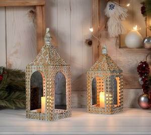 Vintage Gold Metal <b>Moroccan</b> Arch <b>Lantern</b> with Intricate Pattern Warm Candle Glow Ideal for Festive Home Decor and Gifting - Product Image 4