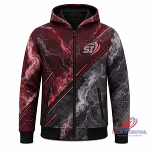 Sweat à capuche zippé intégral bordeaux pour homme avec logo personnalisé sur le devant, poches, motif 3D, 100 % coton, coupe-vent, anti-boulochage, hiver - Product Image 1