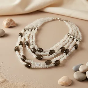 Collar de Mujer con Múltiples Capas de Piedras Preciosas Blancas y Cuarzo Ahumado, Accesorio de Moda en Capas - Product Image 2