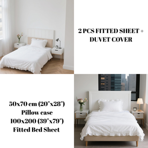 Parure de lit simple en polycoton blanc avec housse de couette à volants, drap-housse et taie d'oreiller - Style Princesse pour Hôtels - Product Image 5