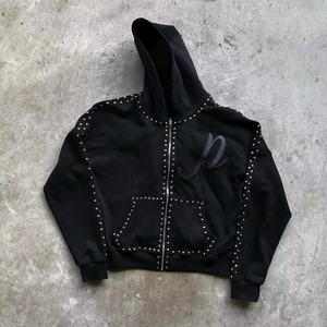 Custom <b>Black</b> Rhinestone Studded <b>Hoodie</b> <b>Men</b> Streetwear <b>Zip</b> <b>Up</b> <b>Hoodie</b> With Logo Cotton Wholesale Factory Rate Bulk Quantity <b>Hoodie</b> - Product Image 1
