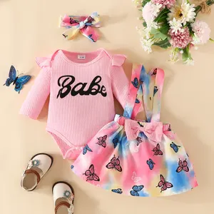 2023 Spring Autumn Wholesale Newborn Wear Long Sleeve Letter Bodysuit Tie Dye Butterfly Suspender Skirt 3Pcs Girl Baby Clothes