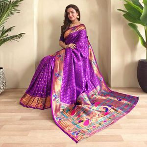 Saree de mariage de fête en pure soie douce Paithani avec un design à pois et un riche sari de tissage Zari antique - Product Image 1