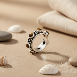 Anillo Ajustable de Plata Chapado en Oro con Piedra de Ojo de Tigre, Estilo Bohemio y Moderno para Mujer - Product Image 2