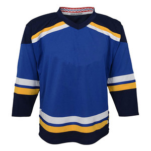 Camiseta de Hockey sobre Hielo Personalizada para Hombre, Cuello en V, Manga Tres Cuartos, Azul, Amarillo y Blanco a Rayas, Poliéster, Absorbe la Humedad - Product Image 1