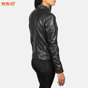 แจ็กเก็ตหนังวัวแท้สำหรับผู้หญิงเข้ารูปเสื้อโค้ทแฟชั่นสีดำย้อมสีล้วนมีซิป - Product Image 3