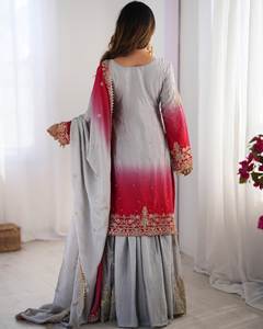 Salwar Kameez para Mujer, Estilo Indio y Pakistaní, Ropa Casual Elegante, Bordado con Lentejuelas, Seda Chinon, Color Marrón Blanco, Sin Arrugas - Product Image 4