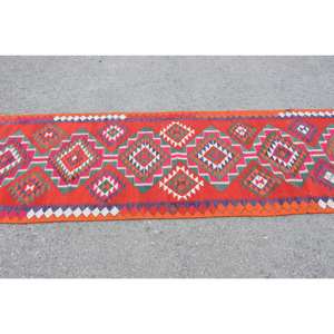 Alfombra Kilim turca Vintage de 32x106 pies, diseño de retazos rojo y verde, Material de lana con respaldo de látex para entrada, habitación de adolescentes - Product Image 3