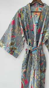 Robe Kimono en coton faite à la main Gris Boho Lounge Wear Robe de Spa légère Summer Beach Cover Up Resort Wear pour les femmes - Product Image 2