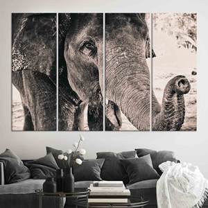 งานศิลปะติดผนังกระจกนิรภัยลายช้างสุดหรู: งานศิลปะบนผ้าใบพิมพ์ลาย ชุดผ้าใบ 4 ชิ้น - Product Image 1