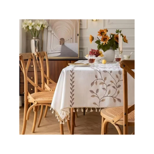 White Cotton <b>Tablecloth</b> Grey Botanical Embroidery Tassel Fringe <b>Rectangle</b> Dining Cover Premium Restaurant Linen Wholesale - Product Image 2